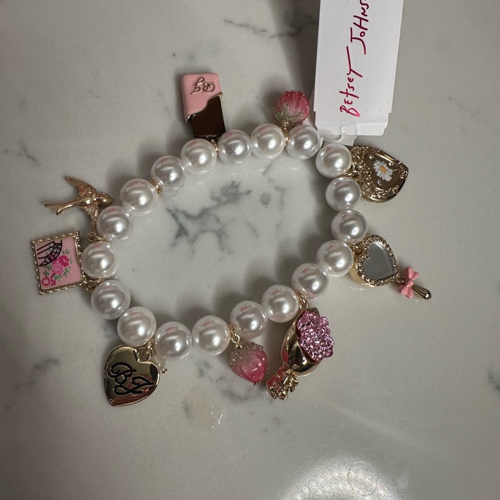 Betsey Johnson White Pearl Bracelet with Pink and Gold Charms